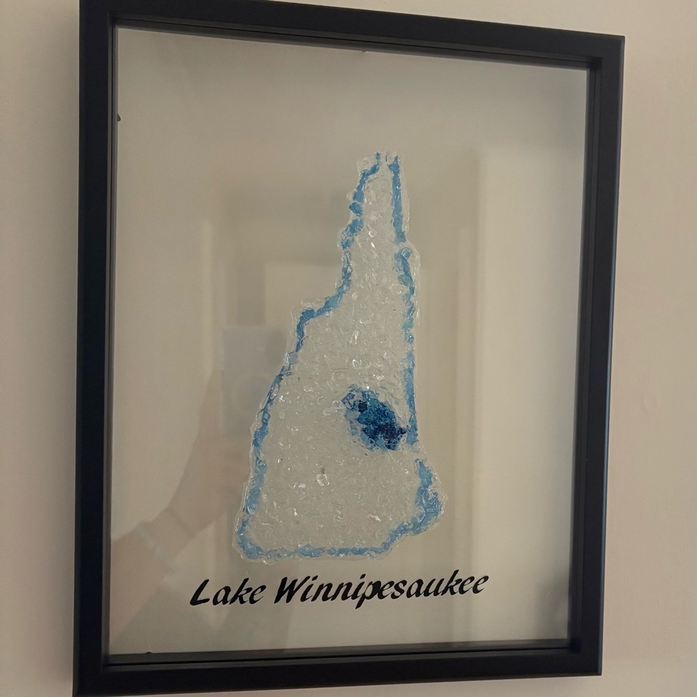Framed Lake Winnipesaukee NH crushed glass floating frame wall decor
